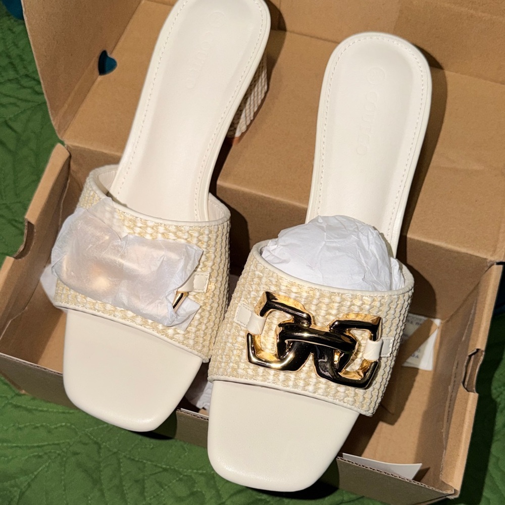 Elegant Cream woven Women's Slide Sandal square heel